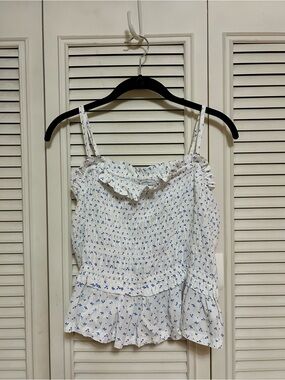 Free Assembly NWT 2X White Blue Floral Smocked Peplum Crop Babydoll Summer Top